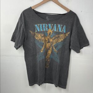 NIRVANA Angel Graphic Tee Gray and Gold size M/L neckline cut out